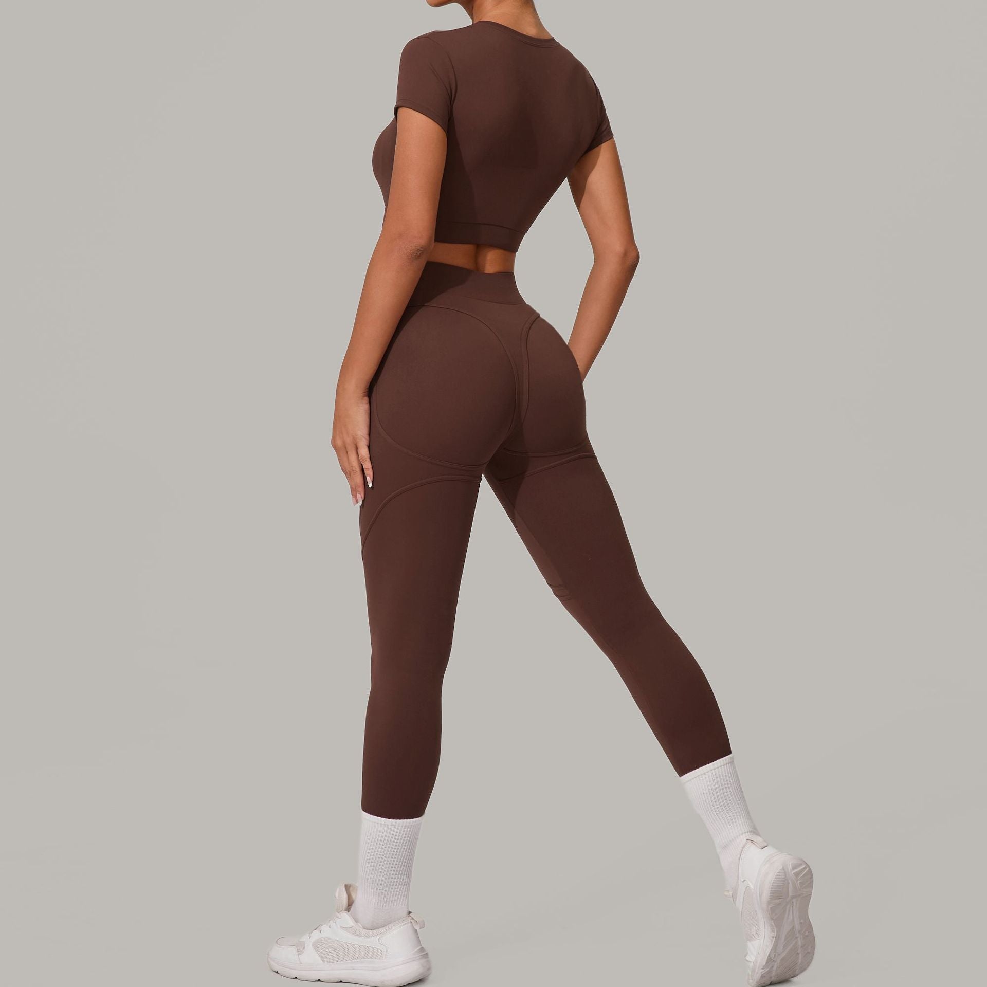 Autumn Sand Brushed Yoga Two Piece Sets Tight High Waist Hip Lifting Yoga Running Exercise Workout Outfit